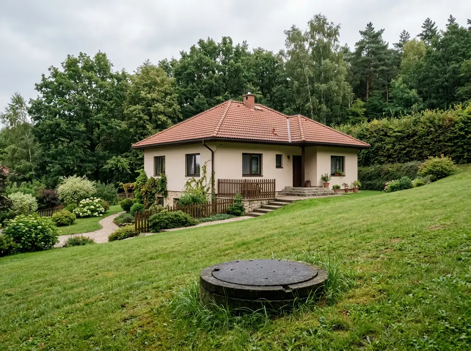 Családi ház lejtős kertben, az előtérben betonlappal fedett aknanyílás a gyepben